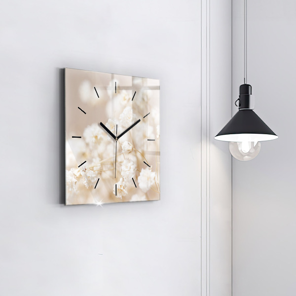 Square glass wall clock Small white flowers