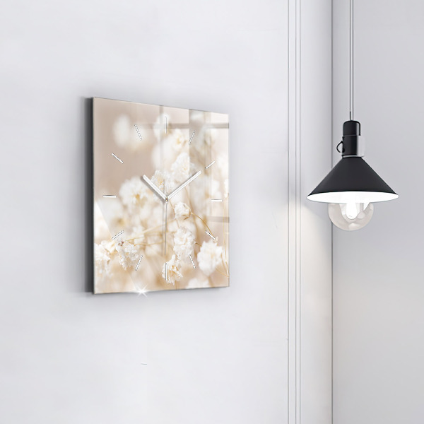 Square glass wall clock Small white flowers