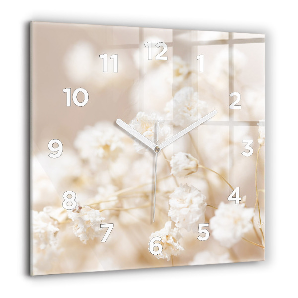 Square glass wall clock Small white flowers