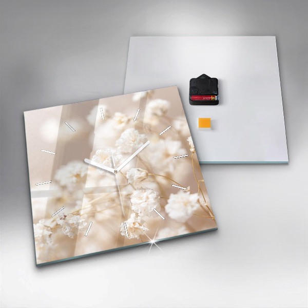 Square glass wall clock Small white flowers