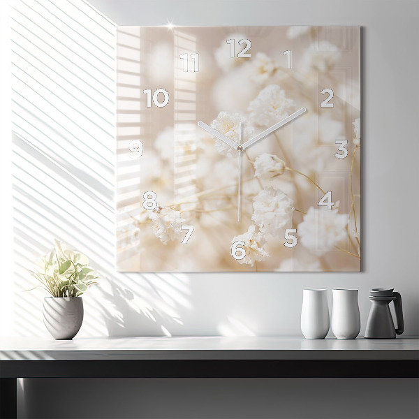 Square glass wall clock Small white flowers