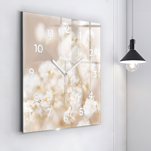 Square glass wall clock Small white flowers