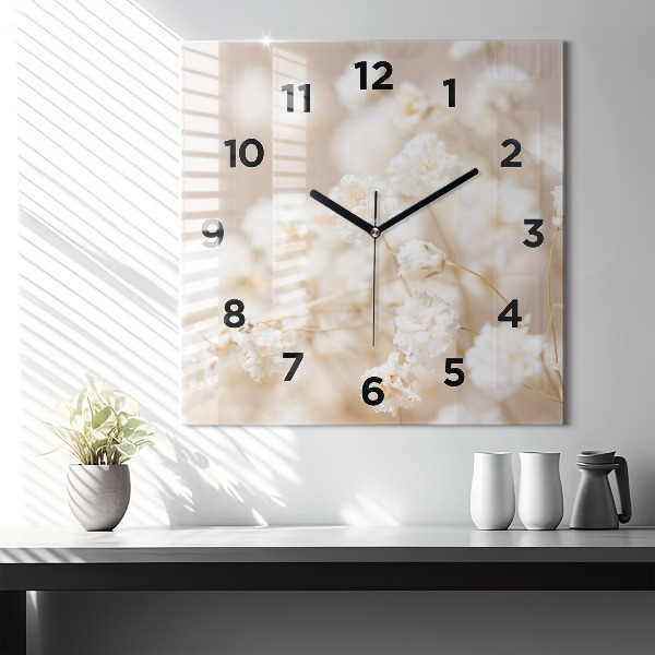 Square glass wall clock Small white flowers