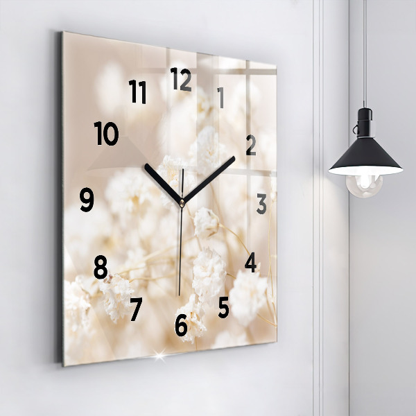 Square glass wall clock Small white flowers