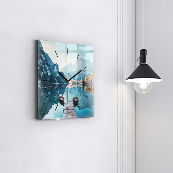 Square glass wall clock Boats on the lake
