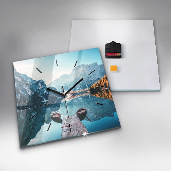 Square glass wall clock Boats on the lake