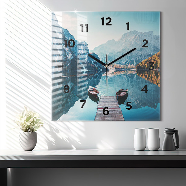 Square glass wall clock Boats on the lake