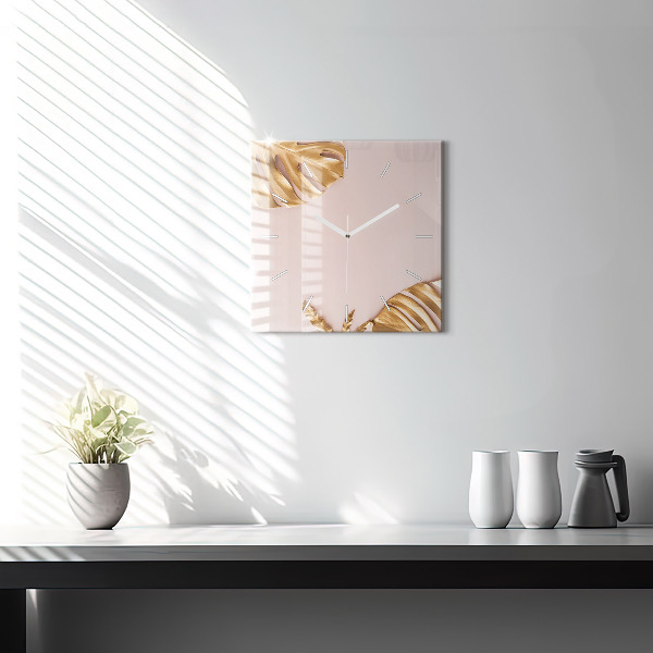 Square glass wall clock Golden tropical leaves