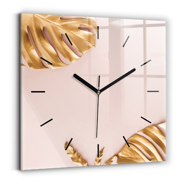 Square glass wall clock Golden tropical leaves