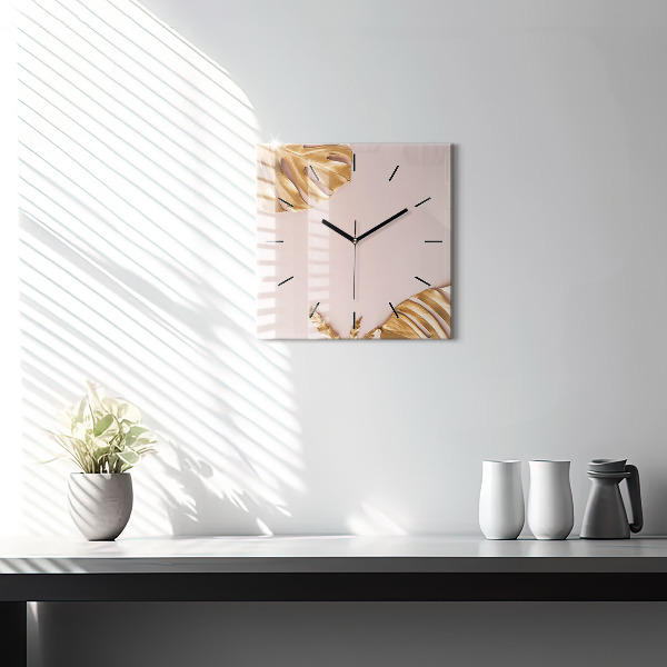 Square glass wall clock Golden tropical leaves