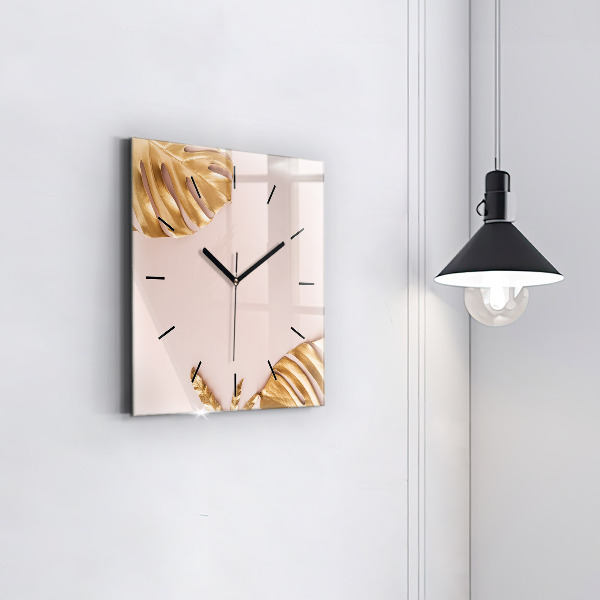 Square glass wall clock Golden tropical leaves