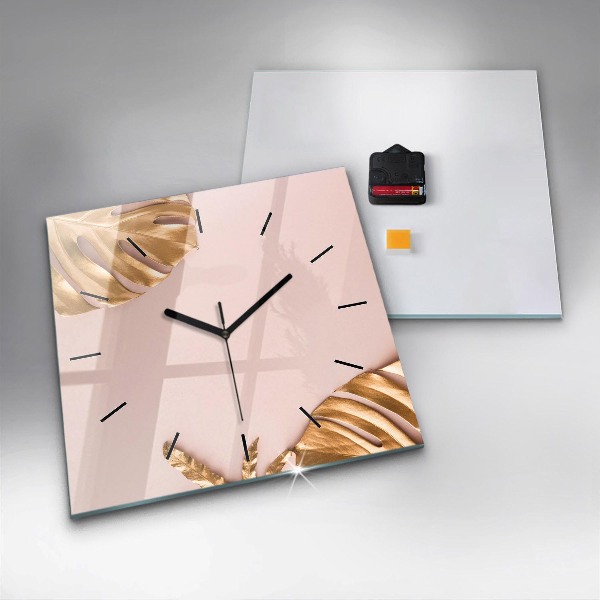 Square glass wall clock Golden tropical leaves