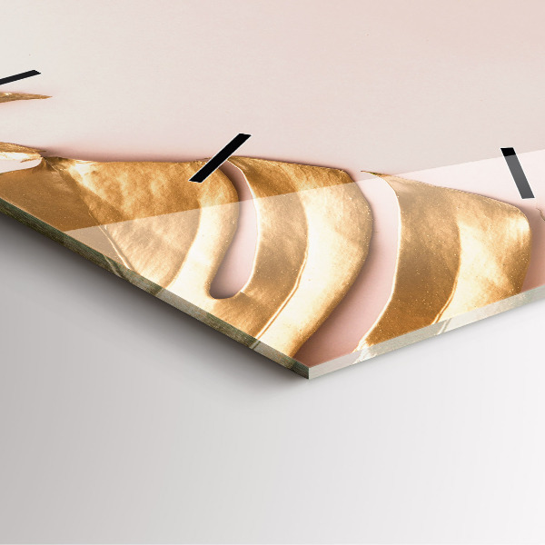 Square glass wall clock Golden tropical leaves