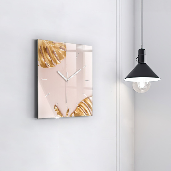 Square glass wall clock Golden tropical leaves