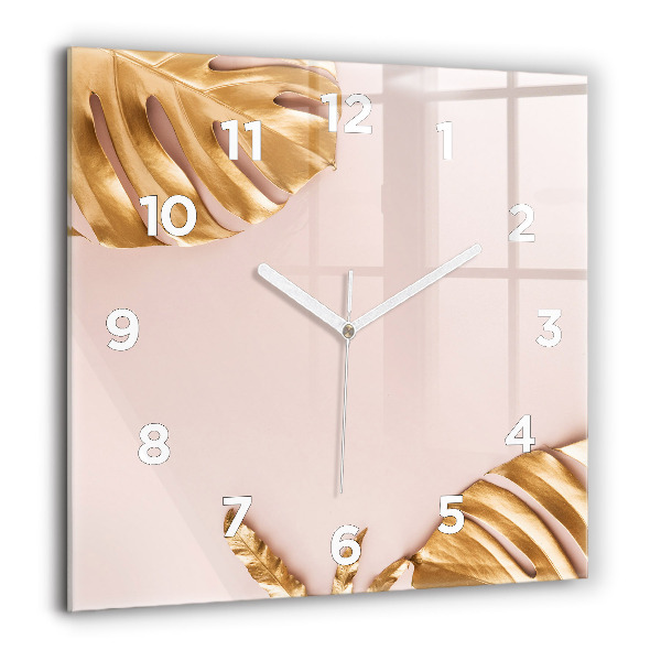 Square glass wall clock Golden tropical leaves