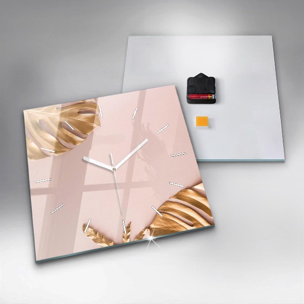 Square glass wall clock Golden tropical leaves