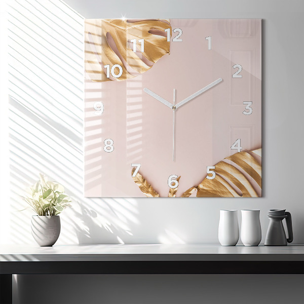 Square glass wall clock Golden tropical leaves