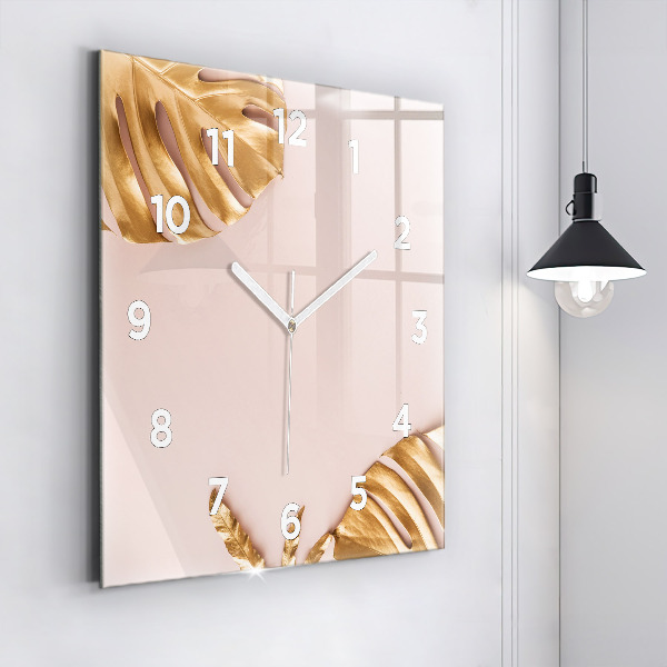 Square glass wall clock Golden tropical leaves