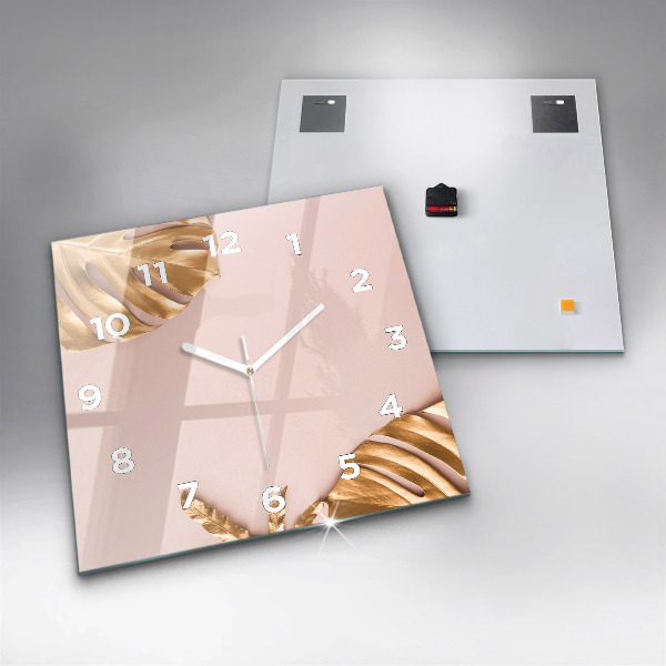 Square glass wall clock Golden tropical leaves