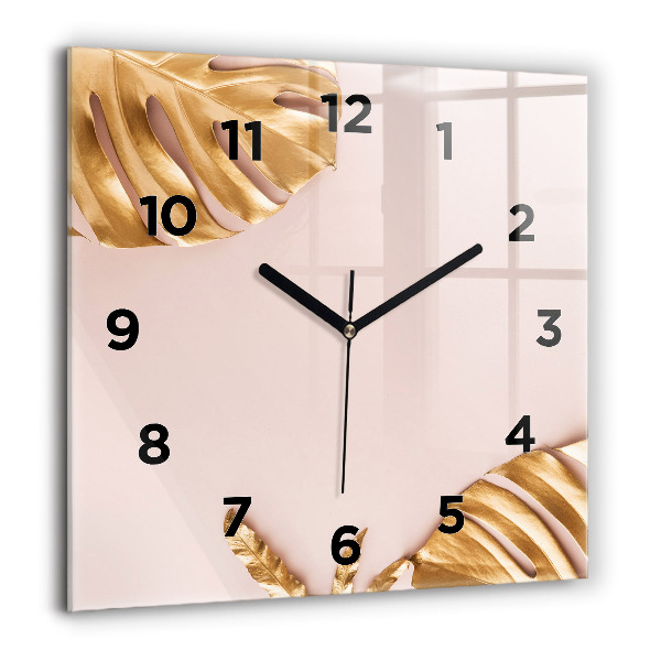 Square glass wall clock Golden tropical leaves