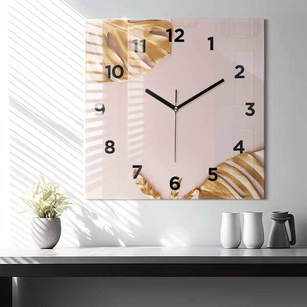 Square glass wall clock Golden tropical leaves