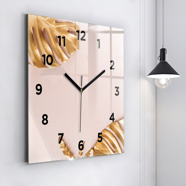 Square glass wall clock Golden tropical leaves