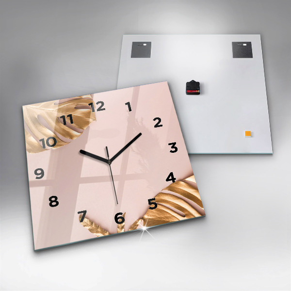 Square glass wall clock Golden tropical leaves