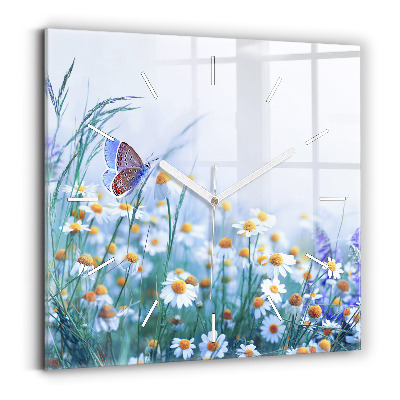 Square glass wall clock Butterfly in the meadow