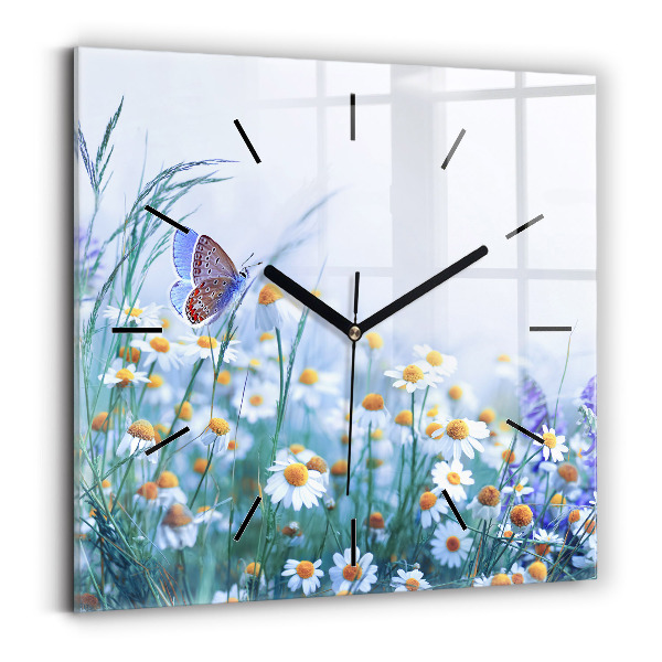 Square glass wall clock Butterfly in the meadow