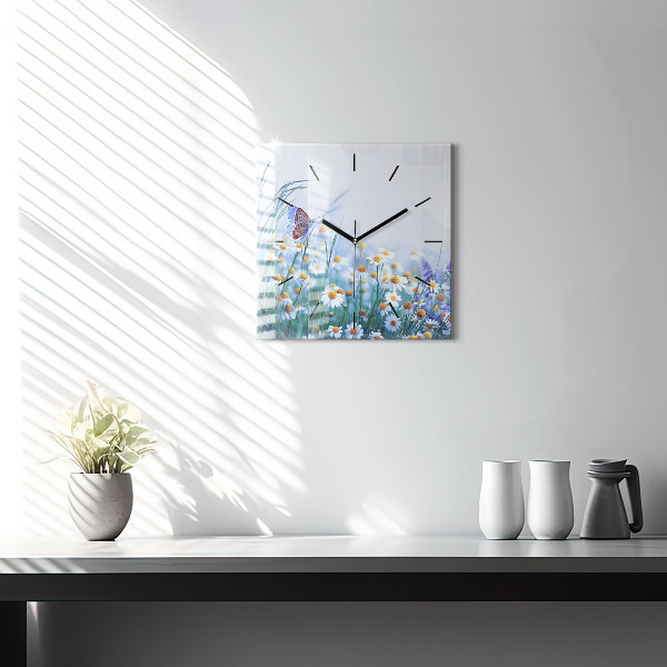 Square glass wall clock Butterfly in the meadow