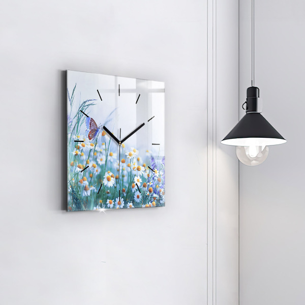 Square glass wall clock Butterfly in the meadow