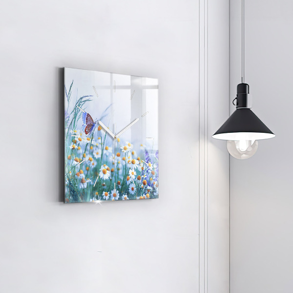 Square glass wall clock Butterfly in the meadow