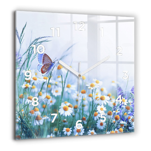 Square glass wall clock Butterfly in the meadow