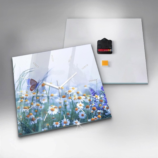 Square glass wall clock Butterfly in the meadow