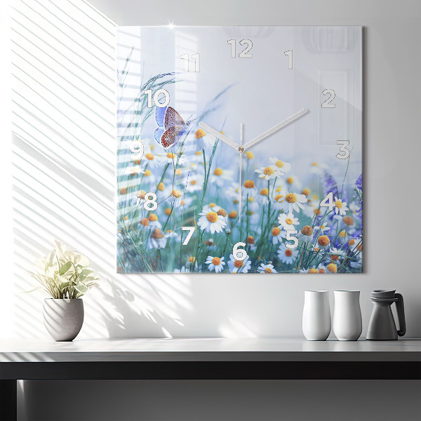 Square glass wall clock Butterfly in the meadow