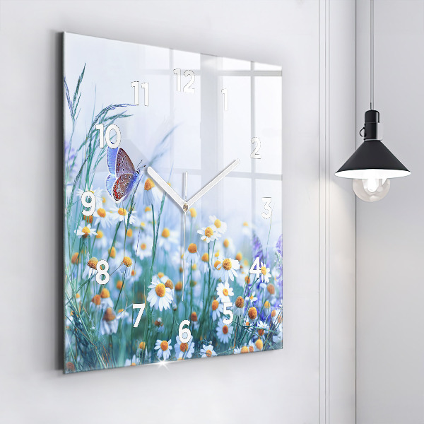 Square glass wall clock Butterfly in the meadow