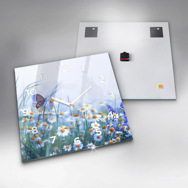 Square glass wall clock Butterfly in the meadow