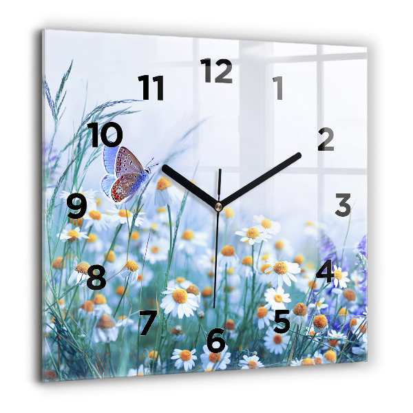 Square glass wall clock Butterfly in the meadow