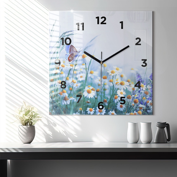 Square glass wall clock Butterfly in the meadow