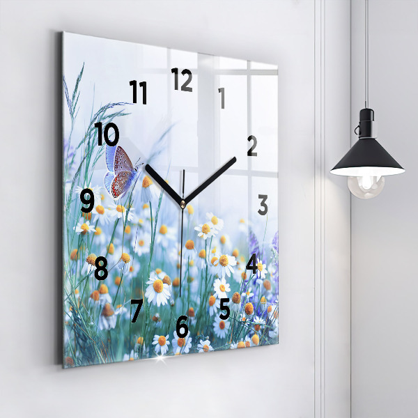 Square glass wall clock Butterfly in the meadow