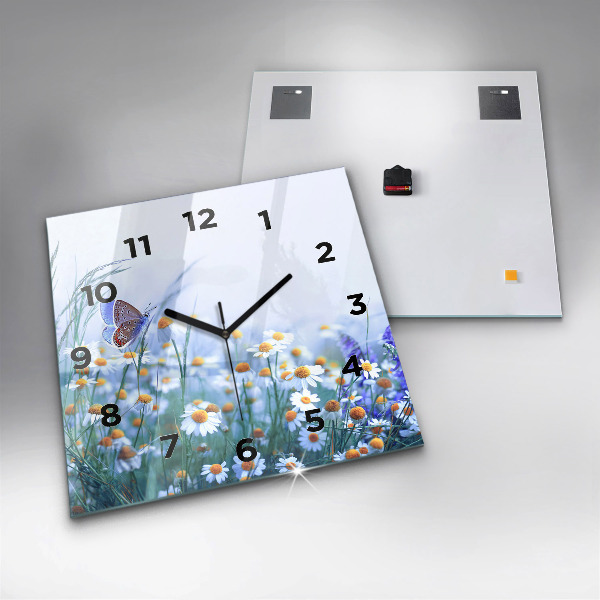 Square glass wall clock Butterfly in the meadow