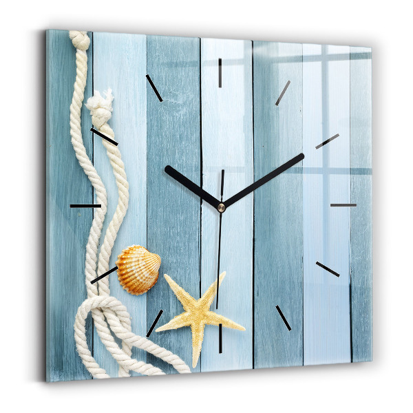 Square glass wall clock Boards stripes and shell