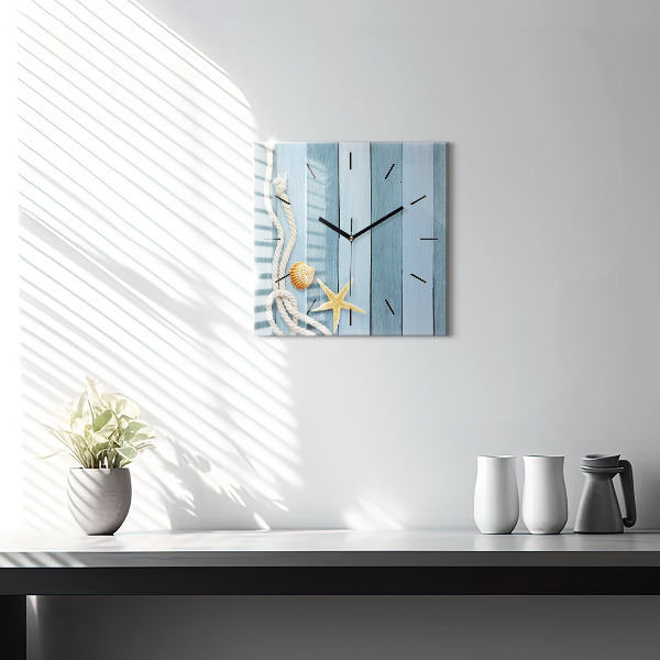 Square glass wall clock Boards stripes and shell