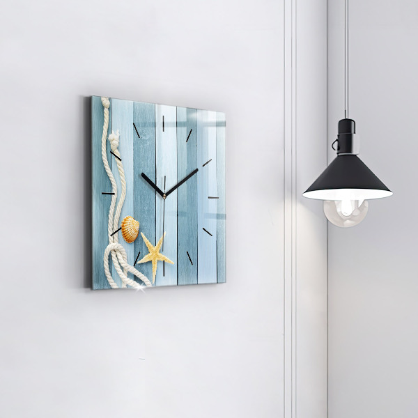 Square glass wall clock Boards stripes and shell