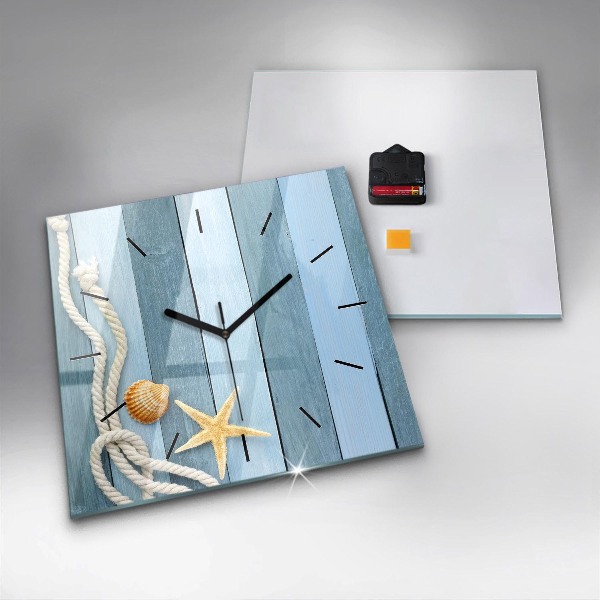 Square glass wall clock Boards stripes and shell