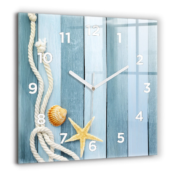Square glass wall clock Boards stripes and shell
