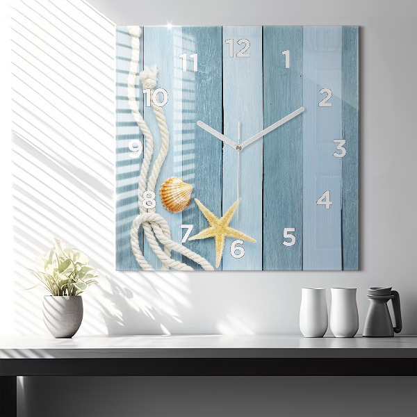 Square glass wall clock Boards stripes and shell