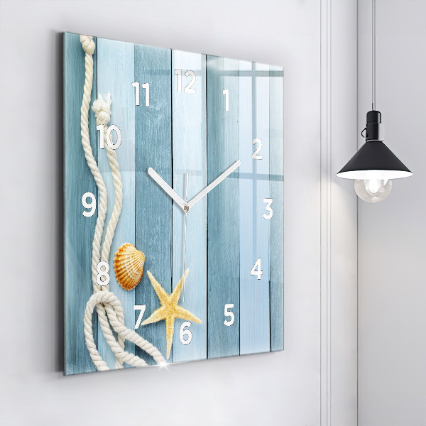 Square glass wall clock Boards stripes and shell