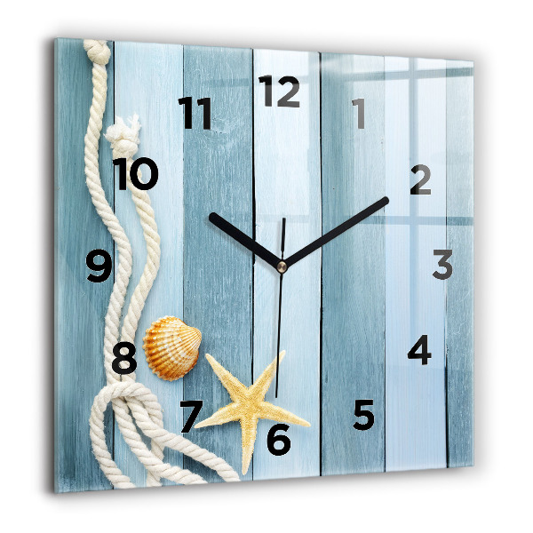Square glass wall clock Boards stripes and shell