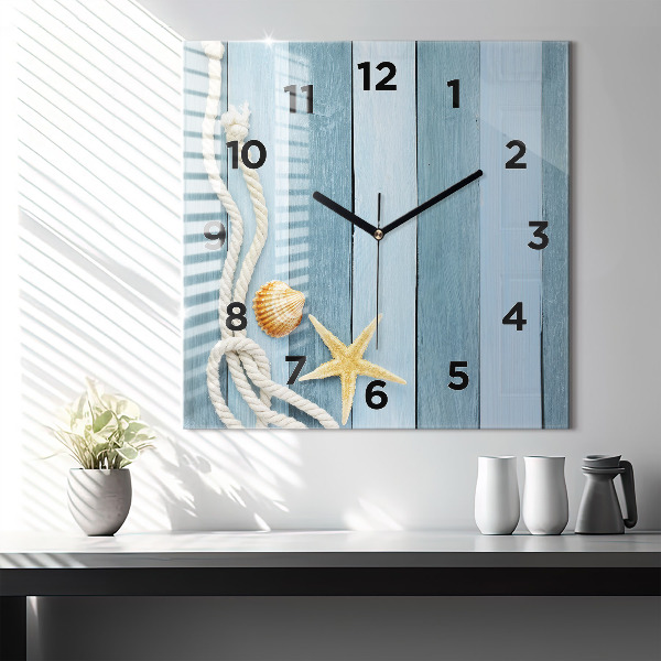 Square glass wall clock Boards stripes and shell
